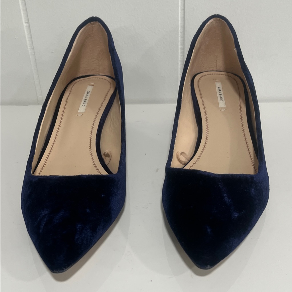 Zara Dark Blue Velvet Block Heel Pumps Pointed Toe Classic Heels Size 40 Us 9